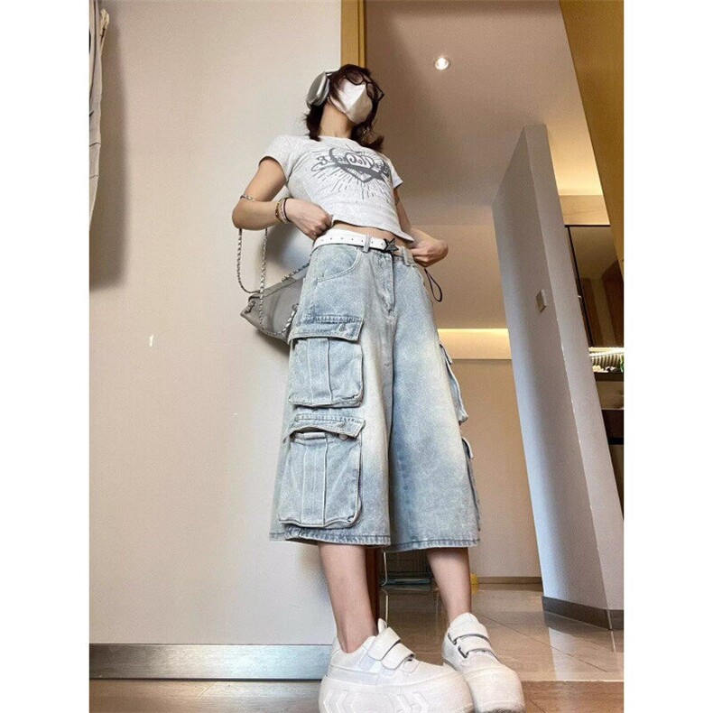 N152-特P55多口袋水洗五分牛仔短裤美式宽松阔腿工装七分裤,男装牛仔裤,电商B327