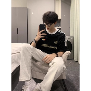 夏季美式高街重磅纯棉三条杠织带撞色男女短袖T恤ZD635-特P30图片