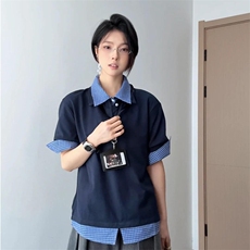 得物抖音高品质二开夏季美式潮牌高街假两件格子衬衣翻领短袖T恤，男装T恤，电商A486