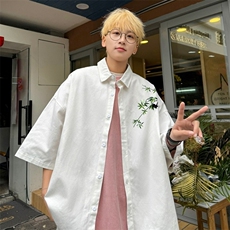 新中式竹子印花衬衫风高级感上衣春夏短袖衬衣宽松慵懒垂感男，男装T恤，星座1210-1