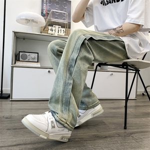 美式潮高街黄泥水洗牛仔裤男直筒宽松拼接休闲长裤N0724-P55