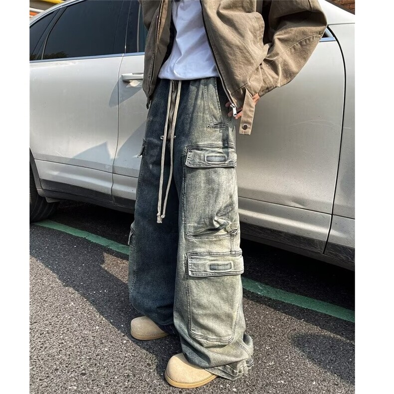 潮春秋微弹文艺水洗蓝渐变牛仔裤男女vibe美式直筒常规中腰801图片