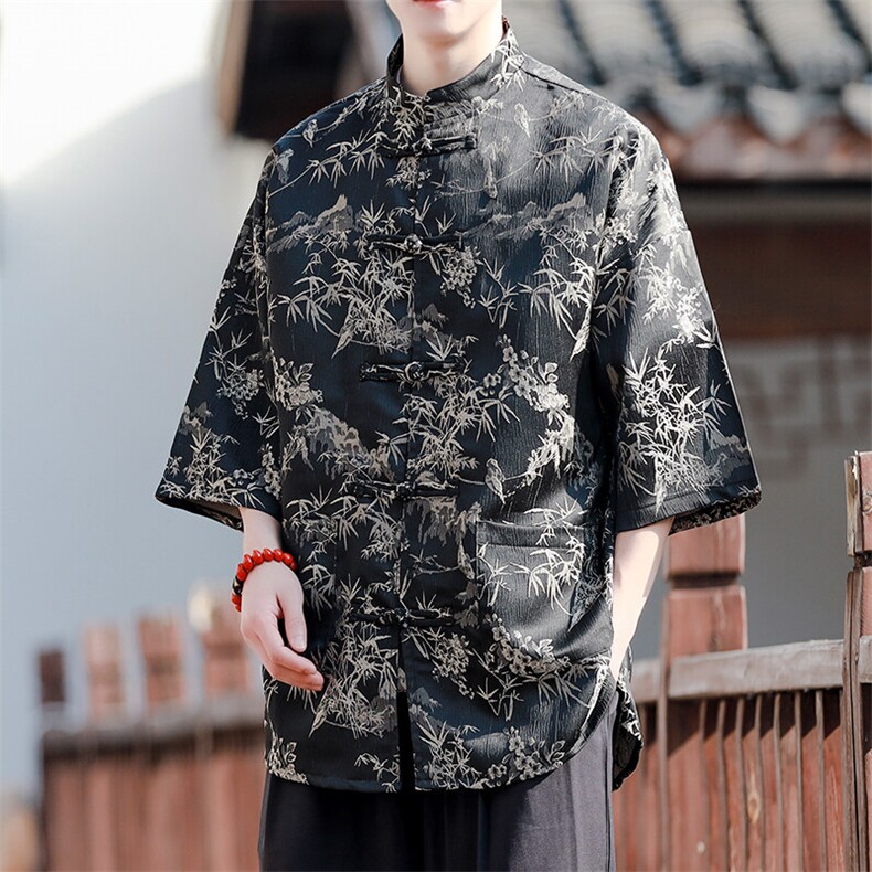 风新款现货2025夏季新中式提花中袖衬衫A021-T2561-P65控88,男装衬衫,电商A021