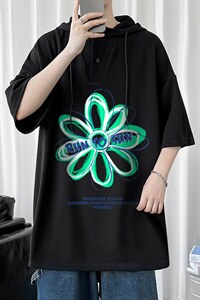 LD54170-P45 连帽短袖t恤男大码胖子带帽五分袖中袖图片