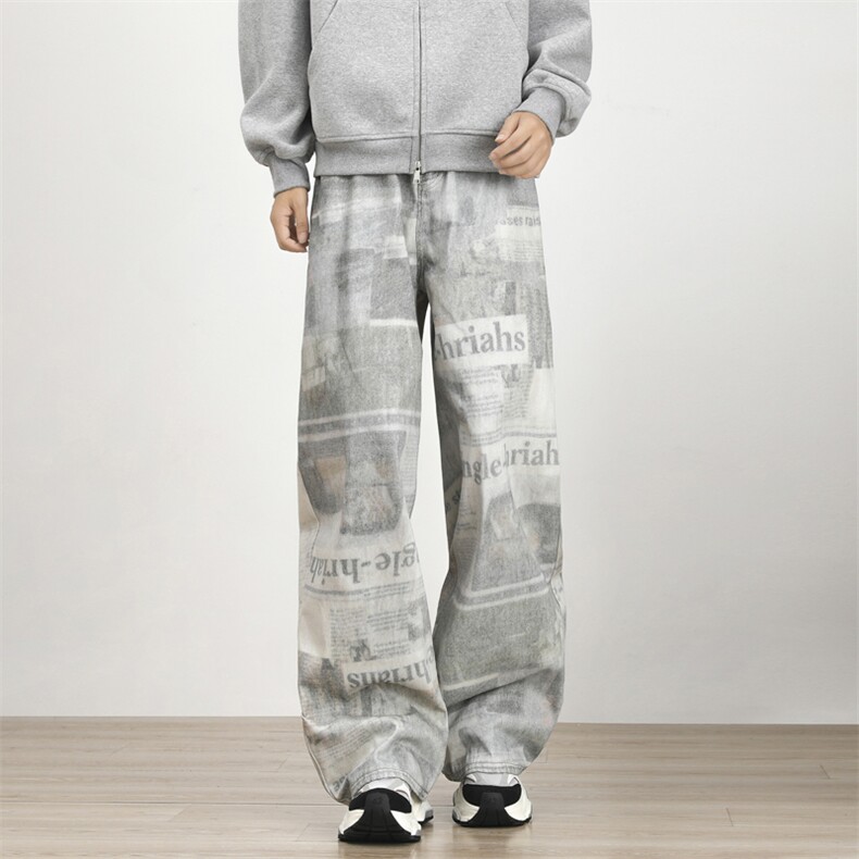 美式复古画报印花牛仔裤男宽松直筒阔腿直筒裤XZ212-1-QNK101-P48，男装牛仔裤，星座212-1