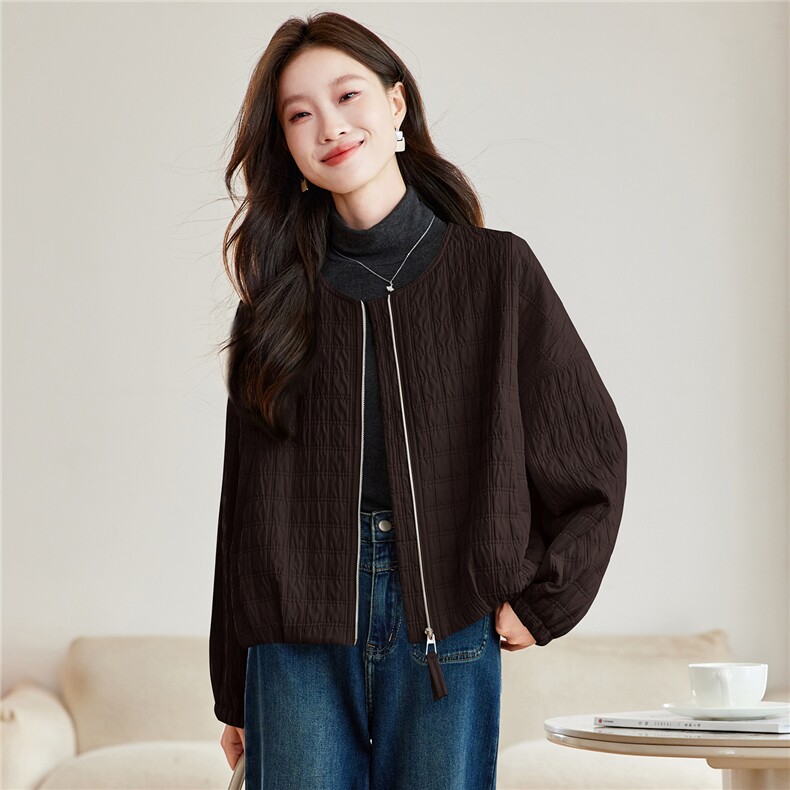 2026年春季宽松圆领方格夹棉短外套上衣,女装棉衣/棉服,简韵佳