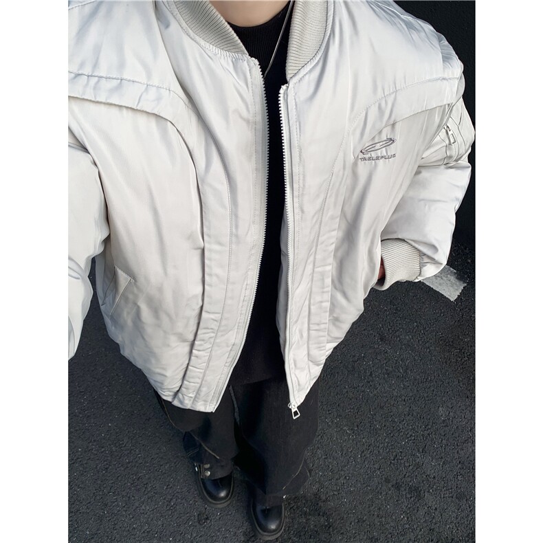 冬季解构弧形设计感飞行员棉服机车夹克男加厚保暖棒球棉衣p98,男装棉衣,电商C307