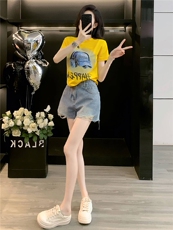 女夏季新款韩版运动休闲套装卡通印花圆领短袖宽松牛仔短裤两件套，女装套装/套裙，江南