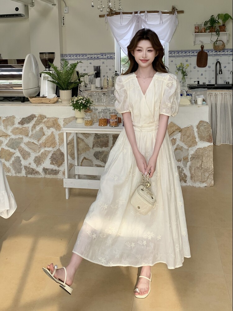 夏季新品！珍珠刺绣度假风连衣裙85109白-208A-P140-K250,女装连衣裙,浙宝208A