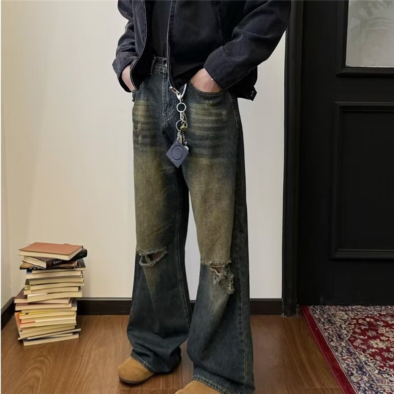 新款宽松美式复古炸街痞帅裤子水洗牛仔裤男长裤潮,男装牛仔裤,星座516A