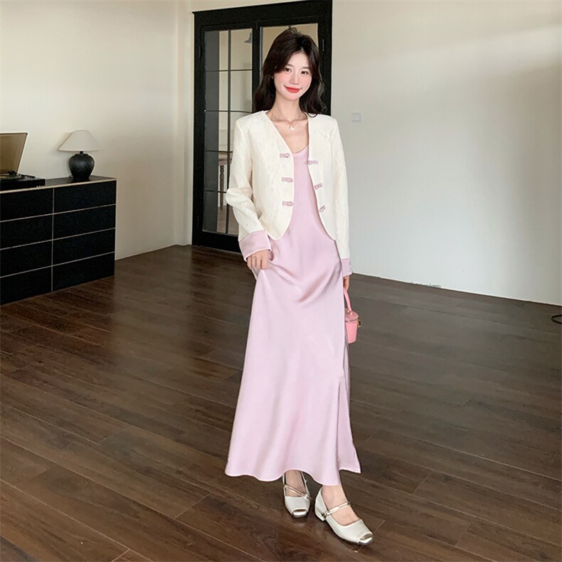粉色盘扣新中式国风套装裙女2025年春季新款气质吊带连衣裙两件套,女装套装/套裙,2C032