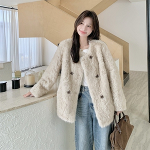 米白色秋冬皮毛一体外套女仿水貂绒休闲上衣2D045-P215-K288图片