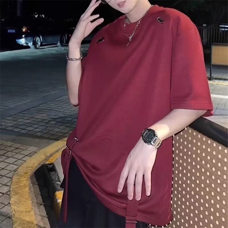 高级感宽松短袖男女款夏季圆领绑带重磅垫肩T恤工装机能半袖上衣,男装T恤,星座506A