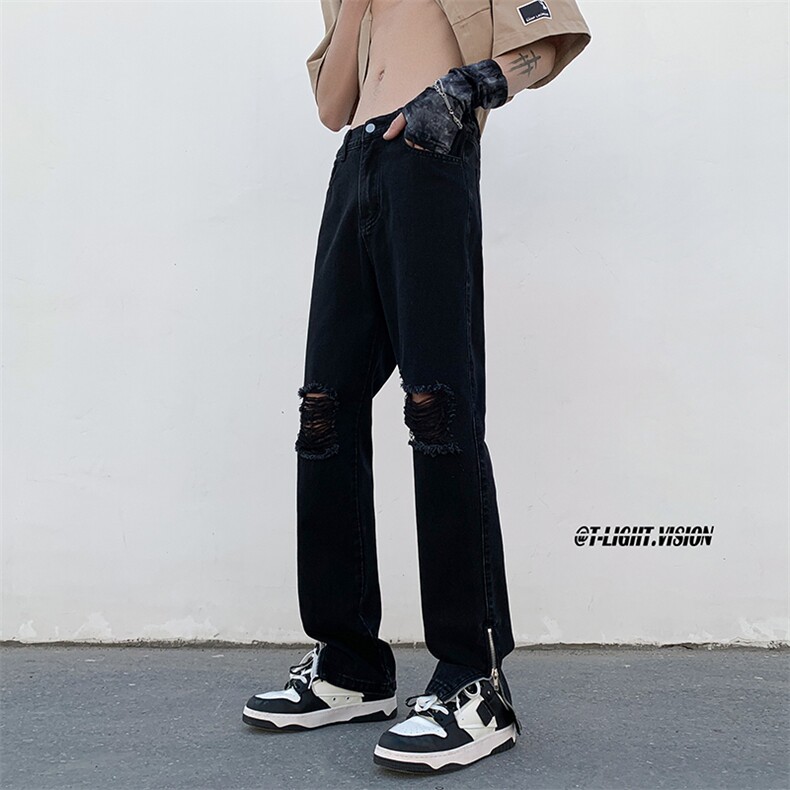 B221美式ins高街暗黑拉链小脚弹力破洞牛仔裤LK23060-P65控88,男装牛仔裤,电商B221