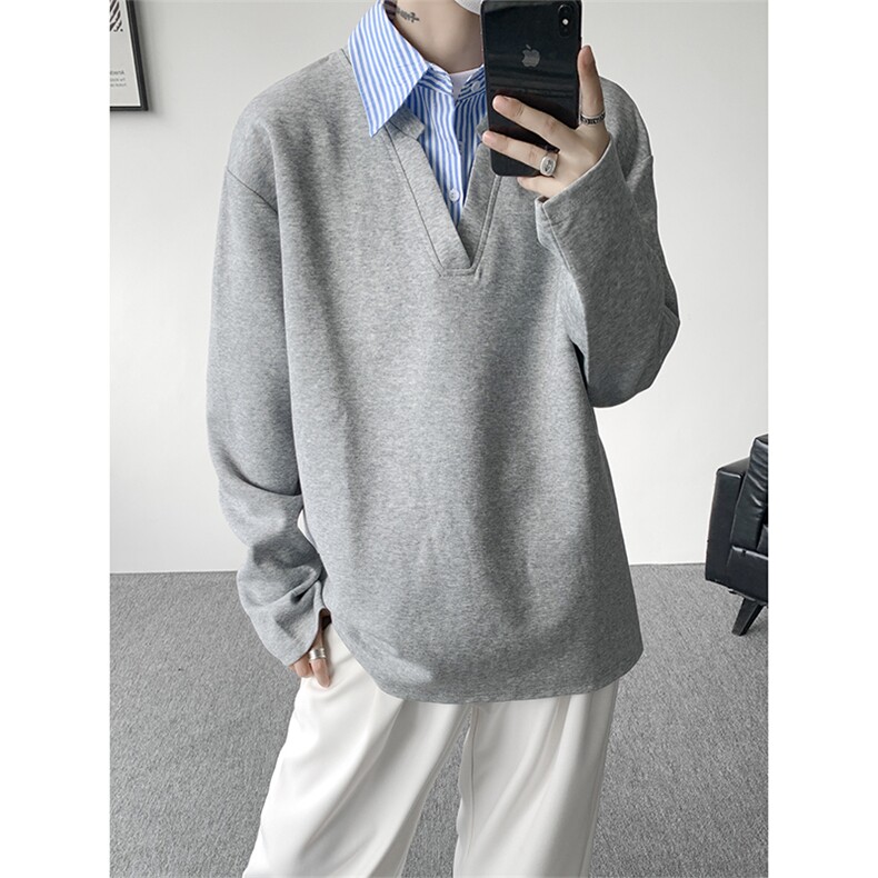 T329-特P33控68300克秋季假两件衬衫领短袖潮牌宽松拼接T恤男,男装T恤,电商A058-1（原电商C417）