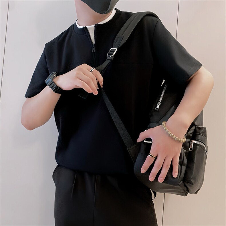 8972/P58控78夏季小伙假两件半拉链短袖T恤男轻奢老钱风上衣藏青2,男装T恤,星座305B
