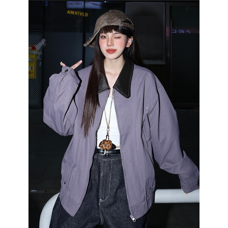 美式复古皮领拼接设计感夹克外套男女潮牌宽松BF小众百搭上衣,男装夹克,星座506A