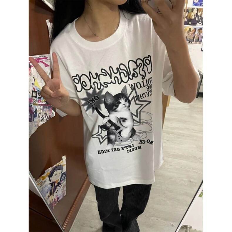 T0676-P30 复古乐队猫咪 纯棉印花短袖 男女款情侣学院风上衣图片