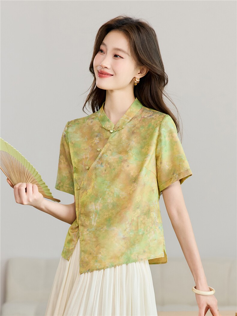 长期现货2026年夏季新款中式复古短袖小衬衫盘扣开衫上衣T恤女潮,女装T恤,璐依舞