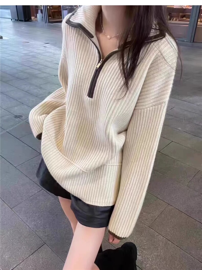 半开拉链100%纯羊毛衫女宽松慵懒拼色加厚提花毛衣保暖针织羊毛衫,针织衫/毛衣,冀清阳荣
