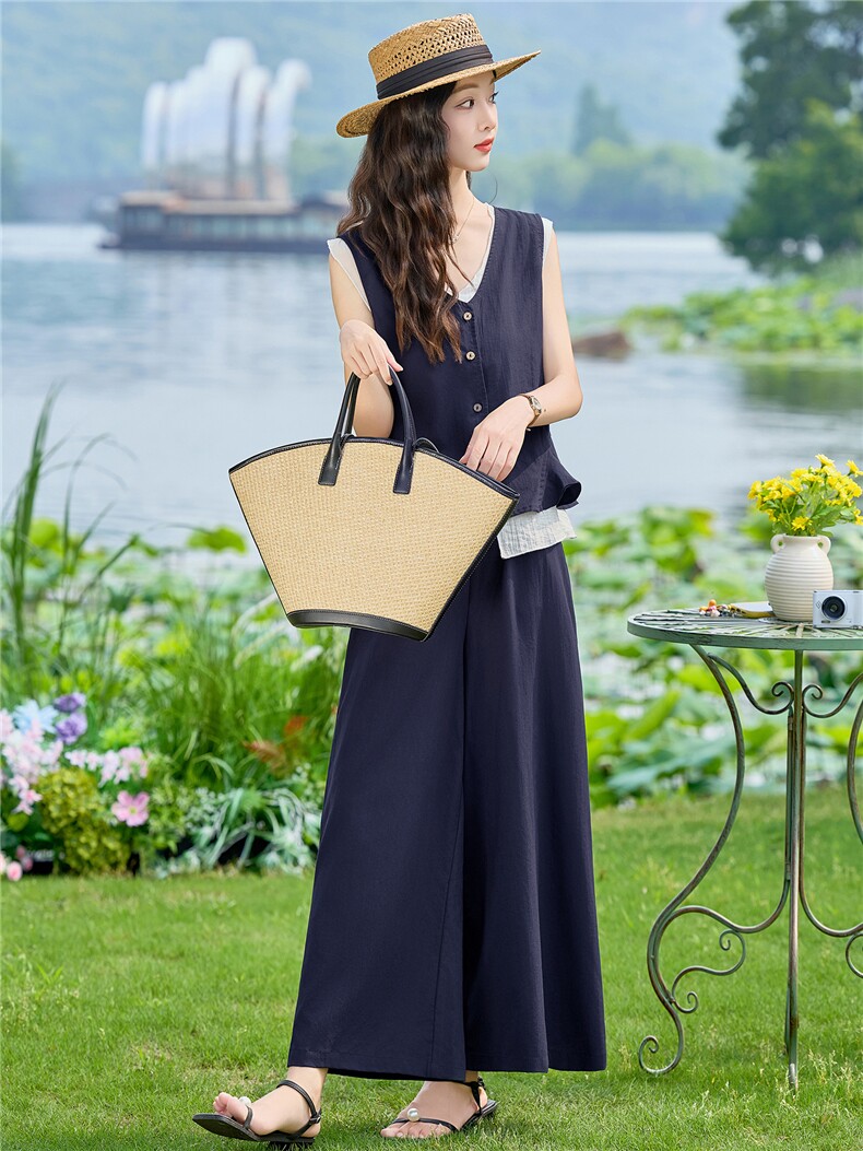 现货2026夏季时尚潮流天丝亚麻老钱风马甲三件套加阔腿裤套装,女装套装/套裙,兰菲阁
