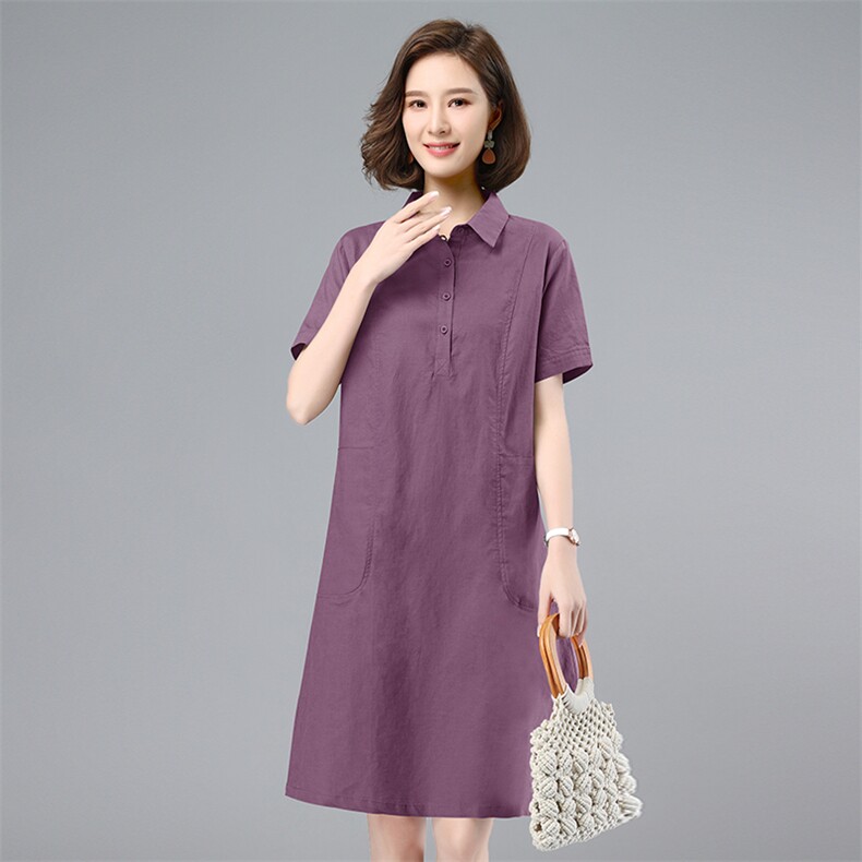 棉麻连衣裙女2025夏季新款中年妈妈气质休闲短袖直筒裙衬衫领裙子,女装连衣裙,韩派
