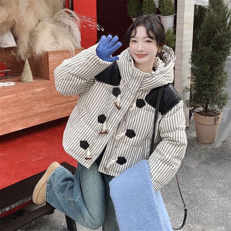 冬装新款加厚牛角扣撞色条纹羽绒服90绒浙宝208-8061-P295K398图片