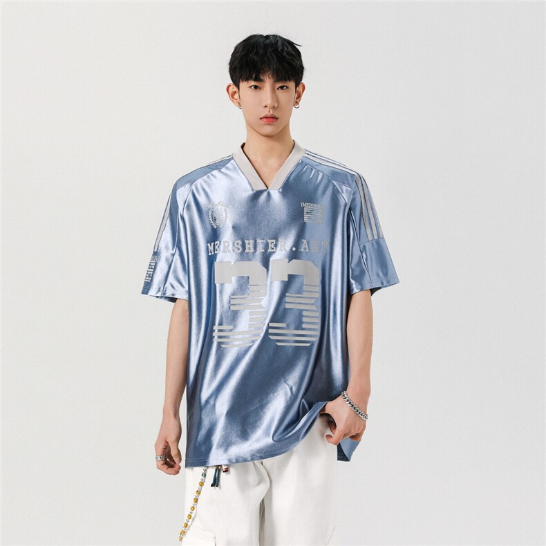 夏季美式复古宽松冰球衣缎面V领T恤潮牌短袖T3210/P5588,男装T恤,星座202