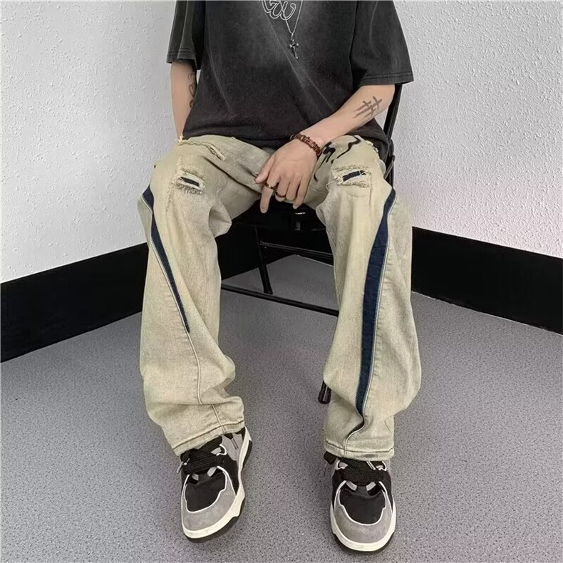 AK1685-P45复古高街显瘦设计感撞色水洗破洞直筒牛仔裤,男装牛仔裤,星座617A-2