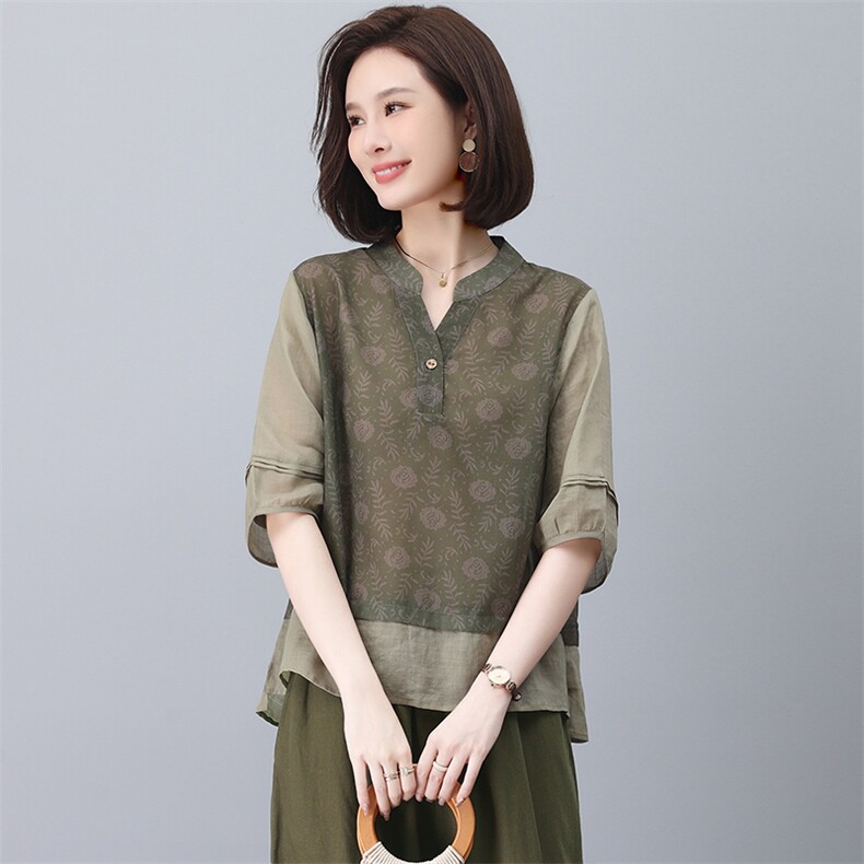 苎麻休闲女夏2025新款大码中年妈妈小个子洋气减龄棉麻,女装T恤,忆绮罗