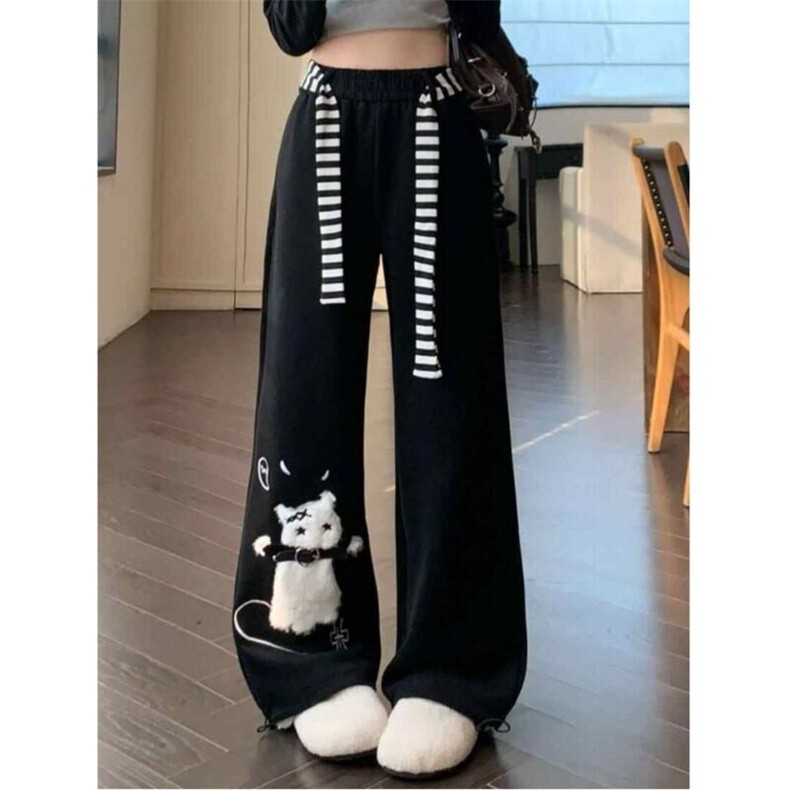 大码美式可爱猫咪黑色休闲卫裤女春夏慵懒风垂感宽松阔腿裤K8017,男装休闲裤,星座1116A（原606A-3）