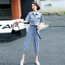 2021夏季新款潮流时尚个性气质翻领休闲舒适牛仔两件套，女装套装/套裙，魅影