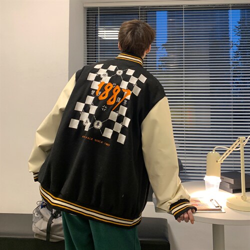 J60-P90 棋格呢料拼皮夹克图片