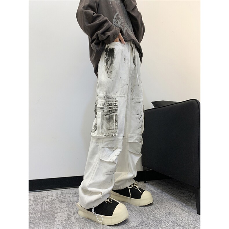 美式高街泼墨扎染设计牛仔裤新款潮牌宽松多口袋工装裤子,男装牛仔裤,星座410-6（原星座1304-1）