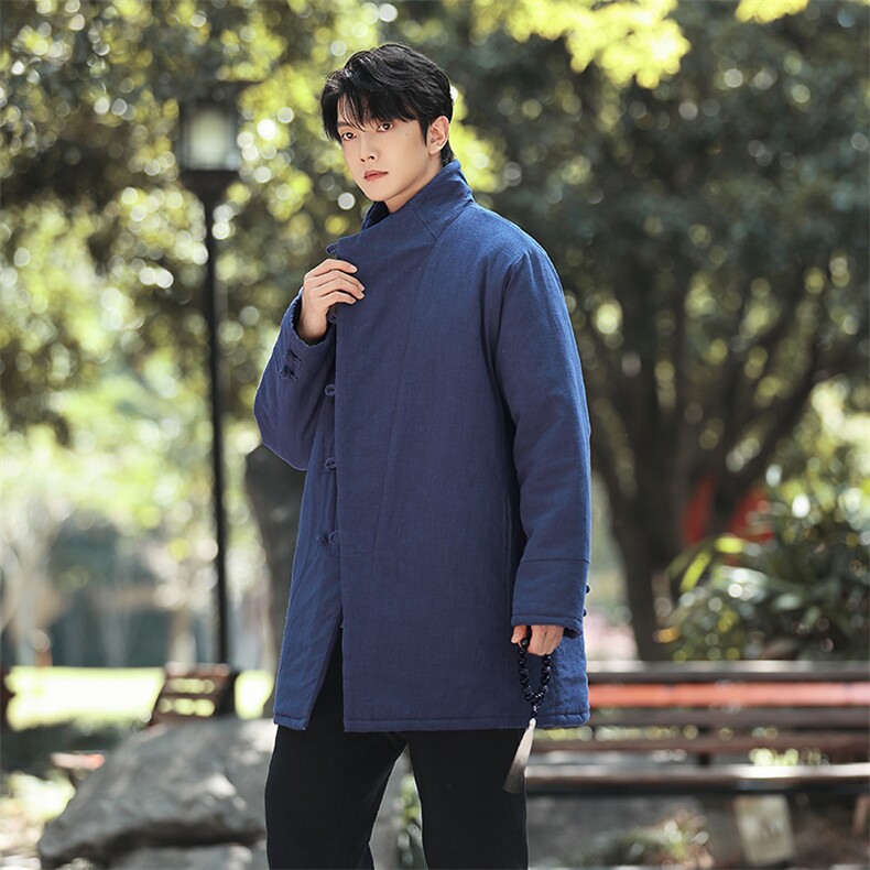 风唐装中长款加藏青色棉衣冬款立领大码棉麻保暖棉服1219p198,男装棉衣,电商A016