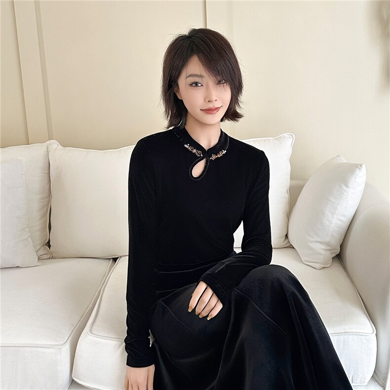 风立领植绒小衫女2025秋冬新款高端修身打底衫钉珠金丝绒上衣,女装卫衣/绒衫,2C091