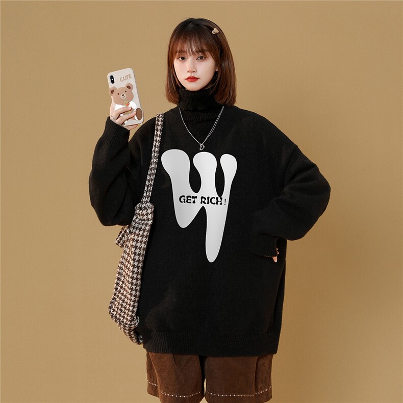 中性22冬季新款潮流设计感W字母印花可翻高领毛衣M953P55控78,男装针织衫/毛衣,A247A