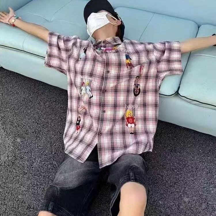 网络图现货小众设计趣味刺绣宽松百搭格子情侣短袖衬衫JYC76-P40,男装T恤,星座715-7