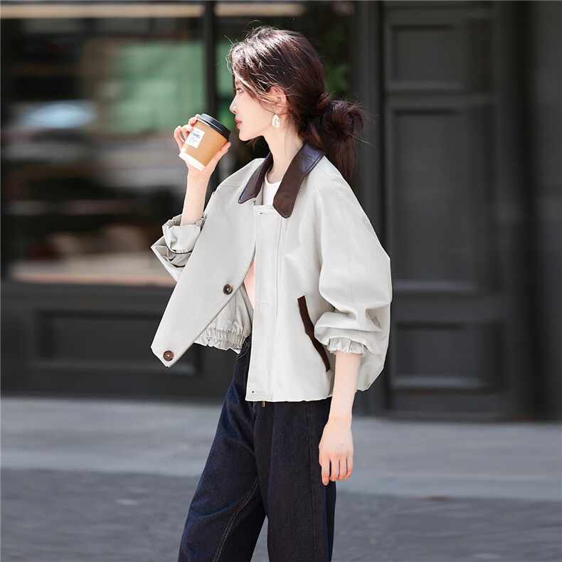 撞色短款风衣外套女2025年秋季新款韩版休闲长袖宽松风衣外套,女装风衣,鑫源服饰