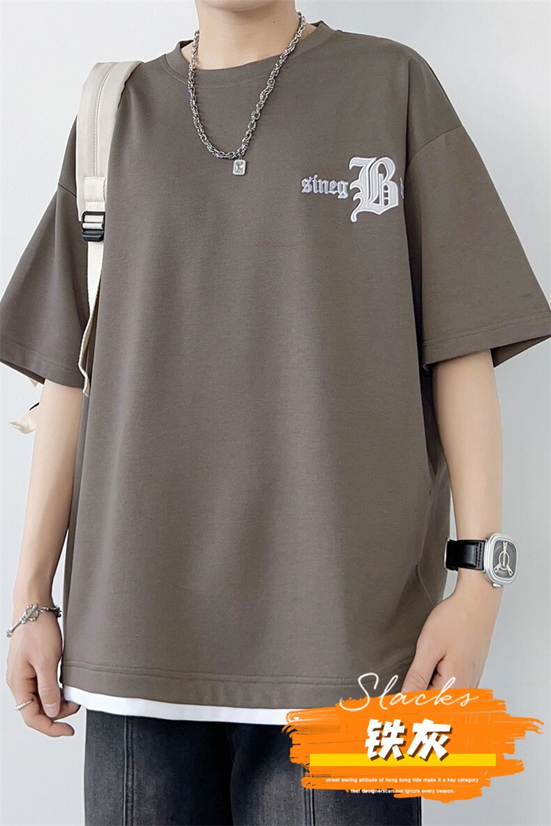 冰氧仿棉短袖港风白墙夏季休闲百搭刺绣纯色男上衣TC3149-P22控48,男装T恤,星座717