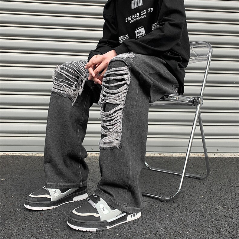 破洞牛仔裤男女美式高街宽松直筒设计感阔腿长裤88335-p4868,男装牛仔裤,星座1008-1