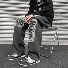 破洞牛仔裤男女美式高街宽松直筒设计感阔腿长裤88335-p4868，男装牛仔裤，星座1008-1