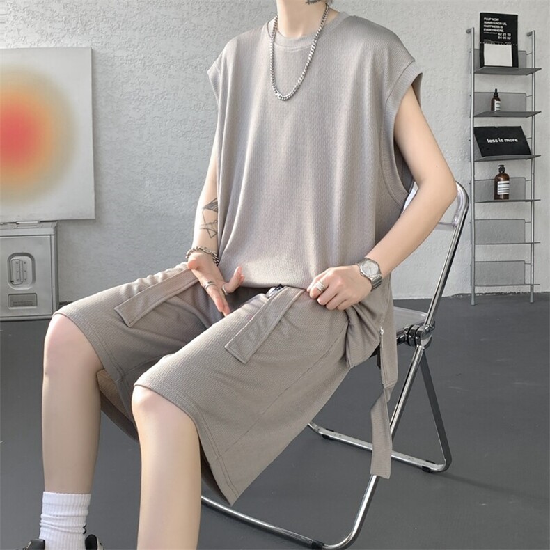 无袖T恤套装垂感冰丝背心大码穿搭衣服运动坎肩两件套TZ1706/P65,男装T恤,电商B238