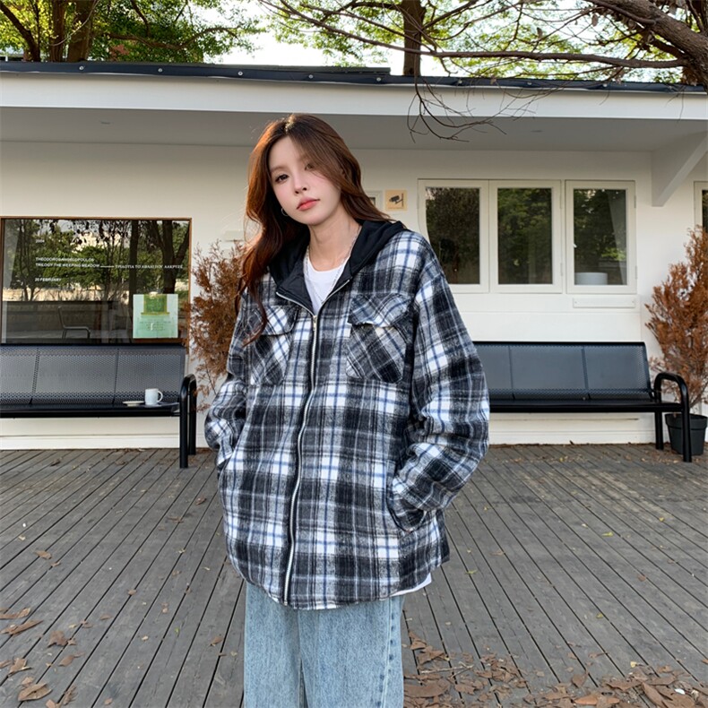 A280-P100秋冬新款夹棉夹克格子连帽潮流百搭休闲格纹长袖棉服,男装夹克,星座911