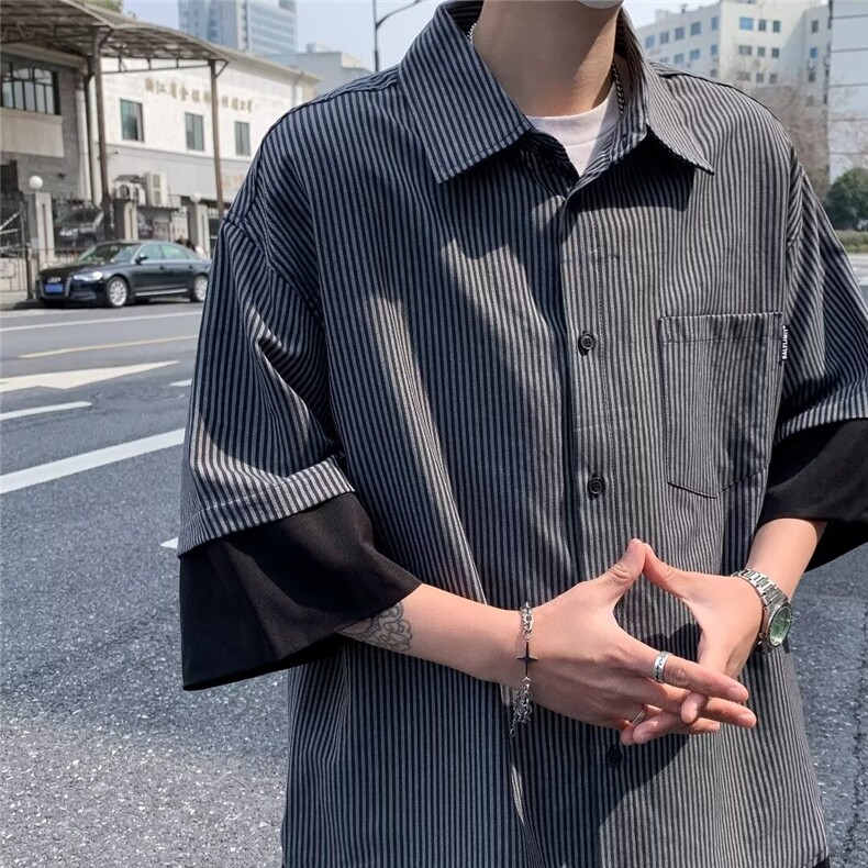 夏季男装复古休闲条纹短袖衬衫简约百搭翻领清新潮流衬衣5103P35,男装衬衫,星座410-2