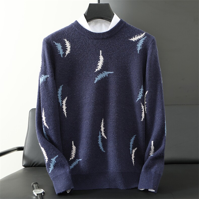 2025年秋季新款圆领长袖男士羽毛针织衫时尚都市，男装针织衫/毛衣，江杉羊绒