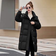 咖色连帽加厚鹅绒羽绒服女2024冬季新款宽松时尚长款过膝保暖外套，女装羽绒服，牡丹诺