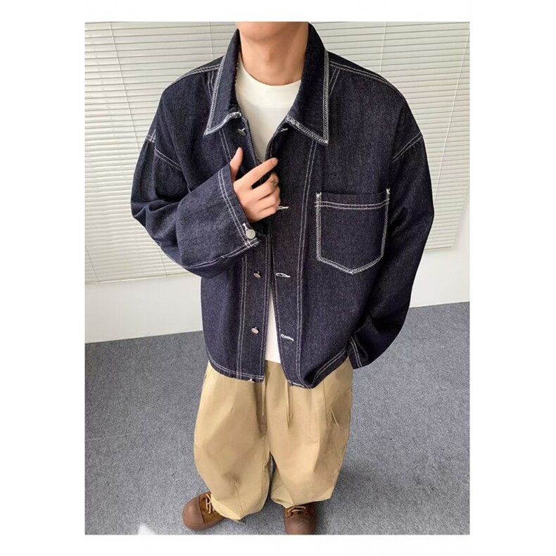 美式复古高街重工车线机能风工装口袋水洗牛仔夹克外套男,男装工装外套,四季星座505