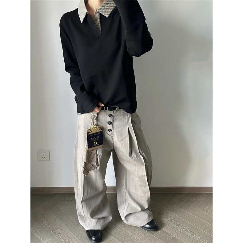 简约格子polo翻领卫衣男款ins潮流长袖打底衫套头上衣LW7866-P38,男装Polo衫,星座1008
