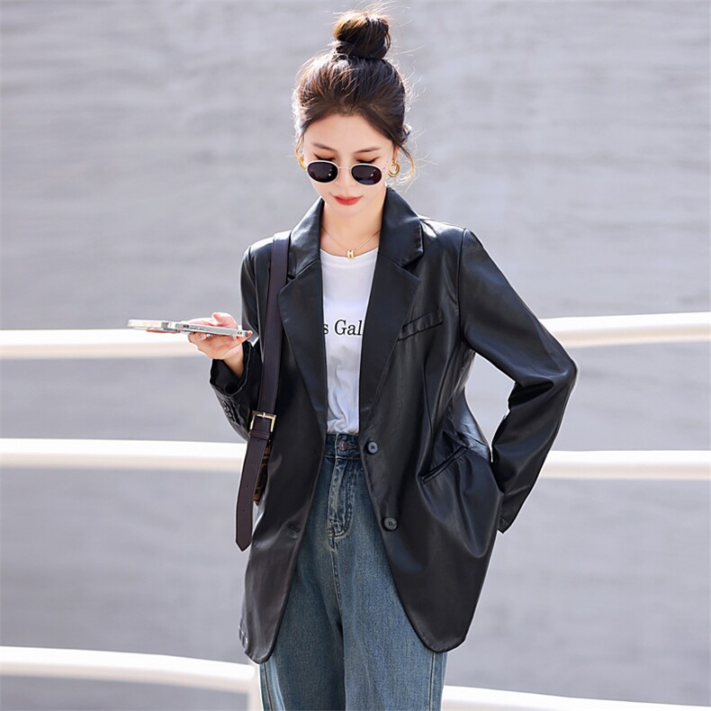 设计感小众咖色小西装皮衣外套女2025年秋季PU皮宽松显瘦上衣百搭,女装西装,意芙